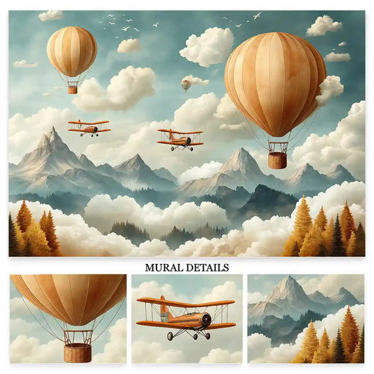 Mural details of hot air balloons, vintage biplanes and misty teal mountains