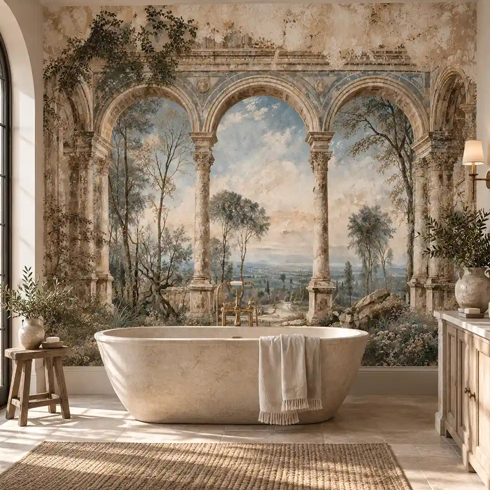 Weathered Italian arches fresco wall mural in a bathroom with freestanding tub