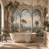 Weathered Italian arches fresco wall mural in a bathroom with freestanding tub