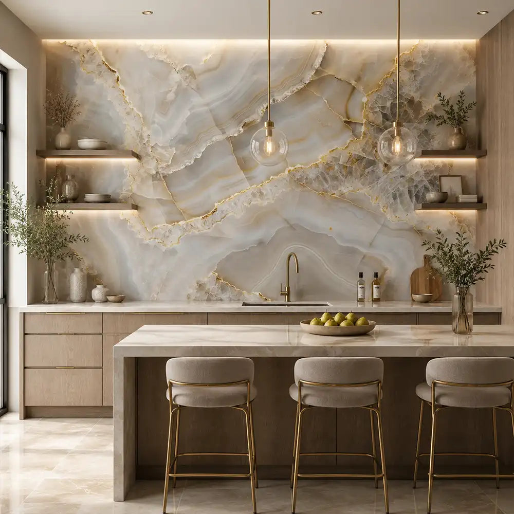 Ivory agate removable wallpaper dining room accent, crisp white marble stone texture