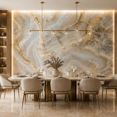 Agate marble peel-and-stick wallpaper edge detail showing seamless installation method