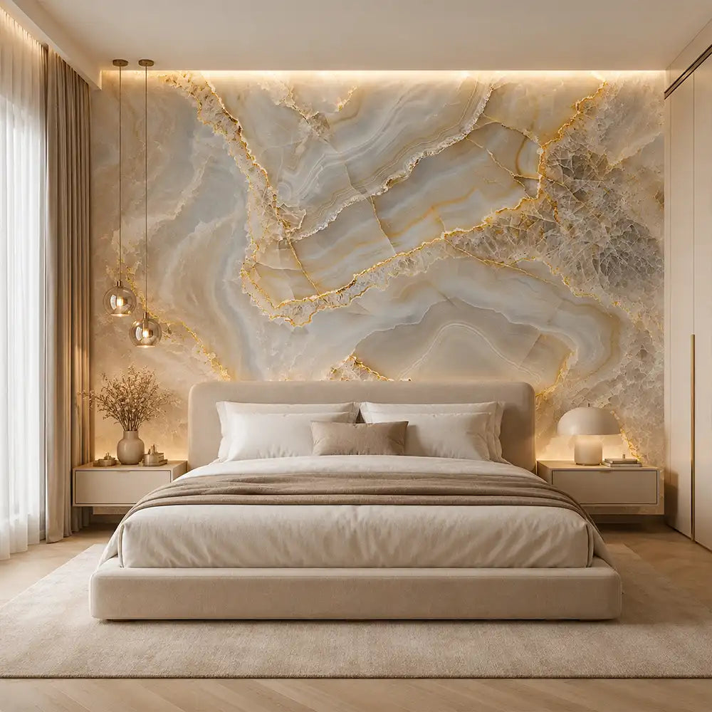 White agate marble removable wallpaper bedroom feature wall, elegant clean luxury