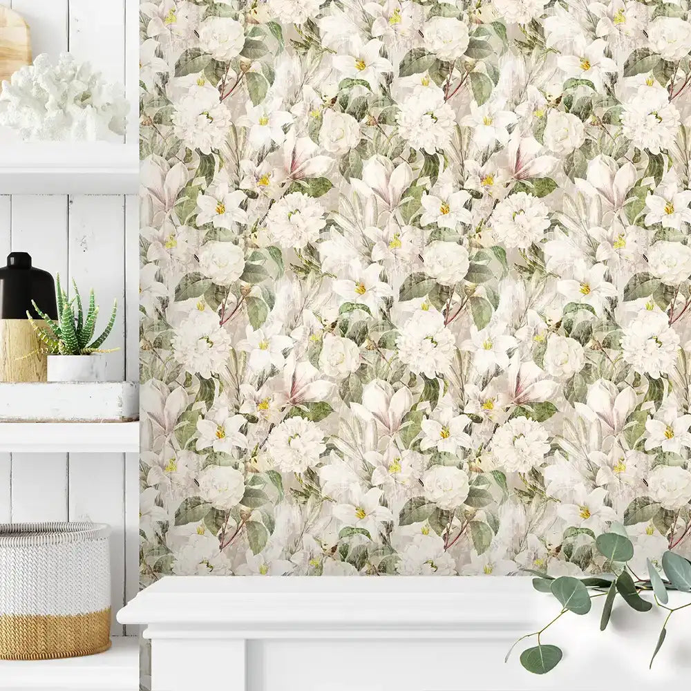 Ivory bloom elegant floral wallpaper delivers a refined luxury aesthetic.