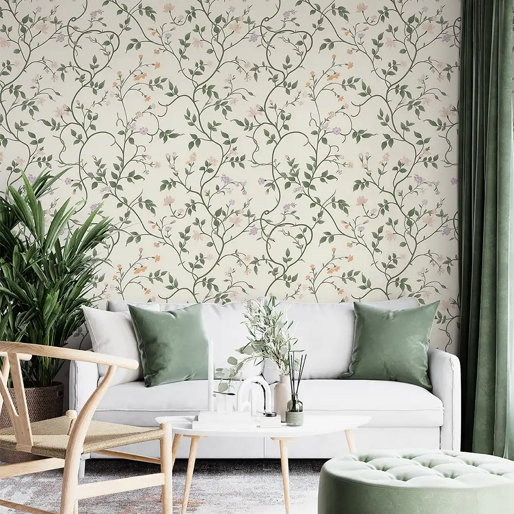 Ivory botanical vine wallpaper sticker for home wall adds elegant natural charm.