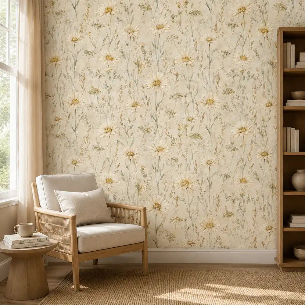Cream and green color palette of ivory daisy meadow wallpaper for bright rooms.