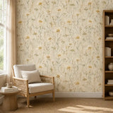 Cream and green color palette of ivory daisy meadow wallpaper for bright rooms.