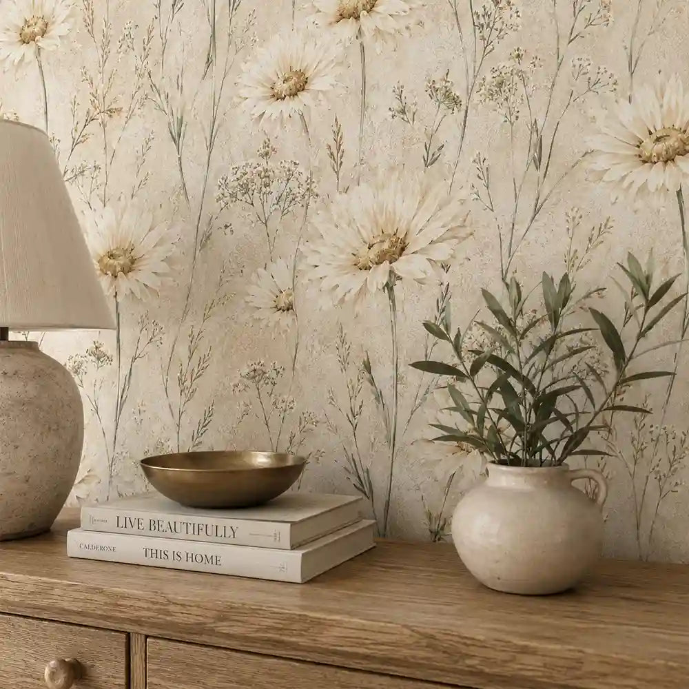 Full repeat of ivory daisy meadow wallpaper across a floor to ceiling panel.