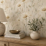 Full repeat of ivory daisy meadow wallpaper across a floor to ceiling panel.