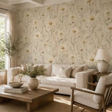Texture close up of ivory daisy meadow wallpaper with a soft matte surface.