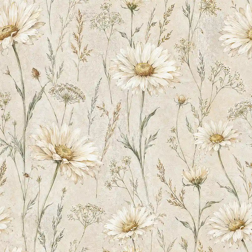Ivory daisy meadow wallpaper with scattered daisies for a light, open wall.