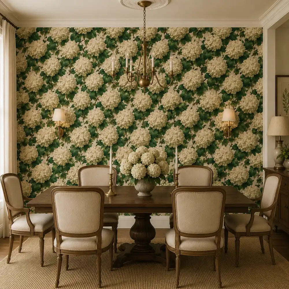 Elegant dining room featuring ivory hydrangea wallpaper as a striking floral feature wall