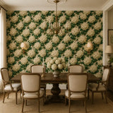 Elegant dining room featuring ivory hydrangea wallpaper as a striking floral feature wall