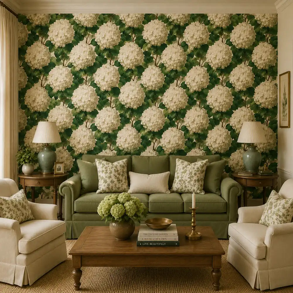 Cozy living room with a green sofa and armchairs set against ivory hydrangea wallpaper