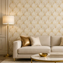 Elegant art deco peel-and-stick wallpaper in dining room, ivory geometric luxury wall