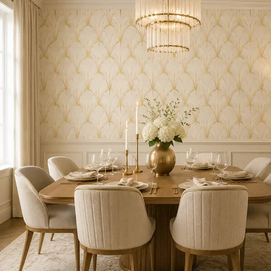 Ivory art deco wallpaper close-up showing delicate geometric lattice and metallic sheen
