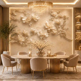 Ivory magnolia relief mural in a cream dining room with crystal chandelier