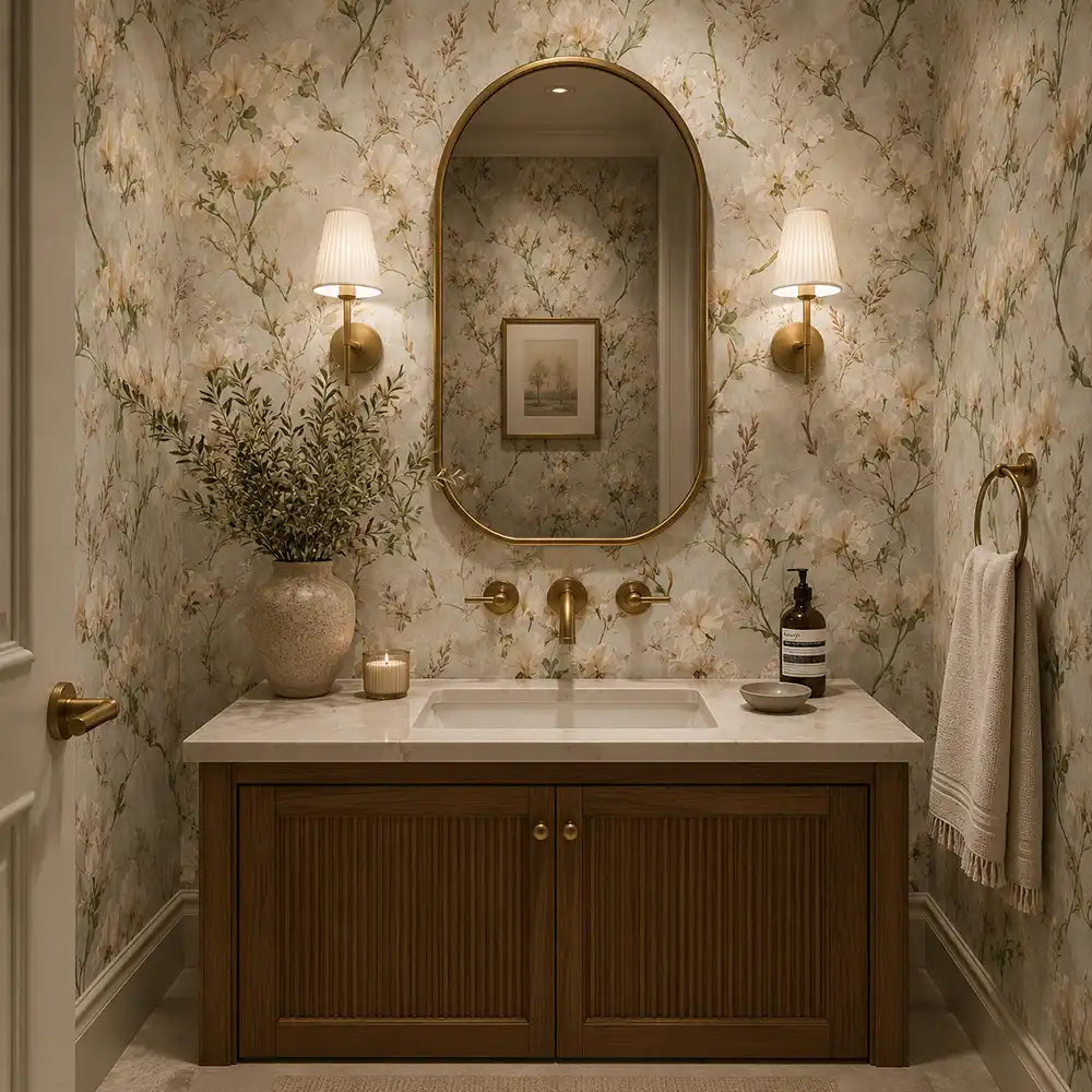 Full repeat of ivory sweet pea garden wallpaper across a tall wall panel.