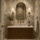 Full repeat of ivory sweet pea garden wallpaper across a tall wall panel.