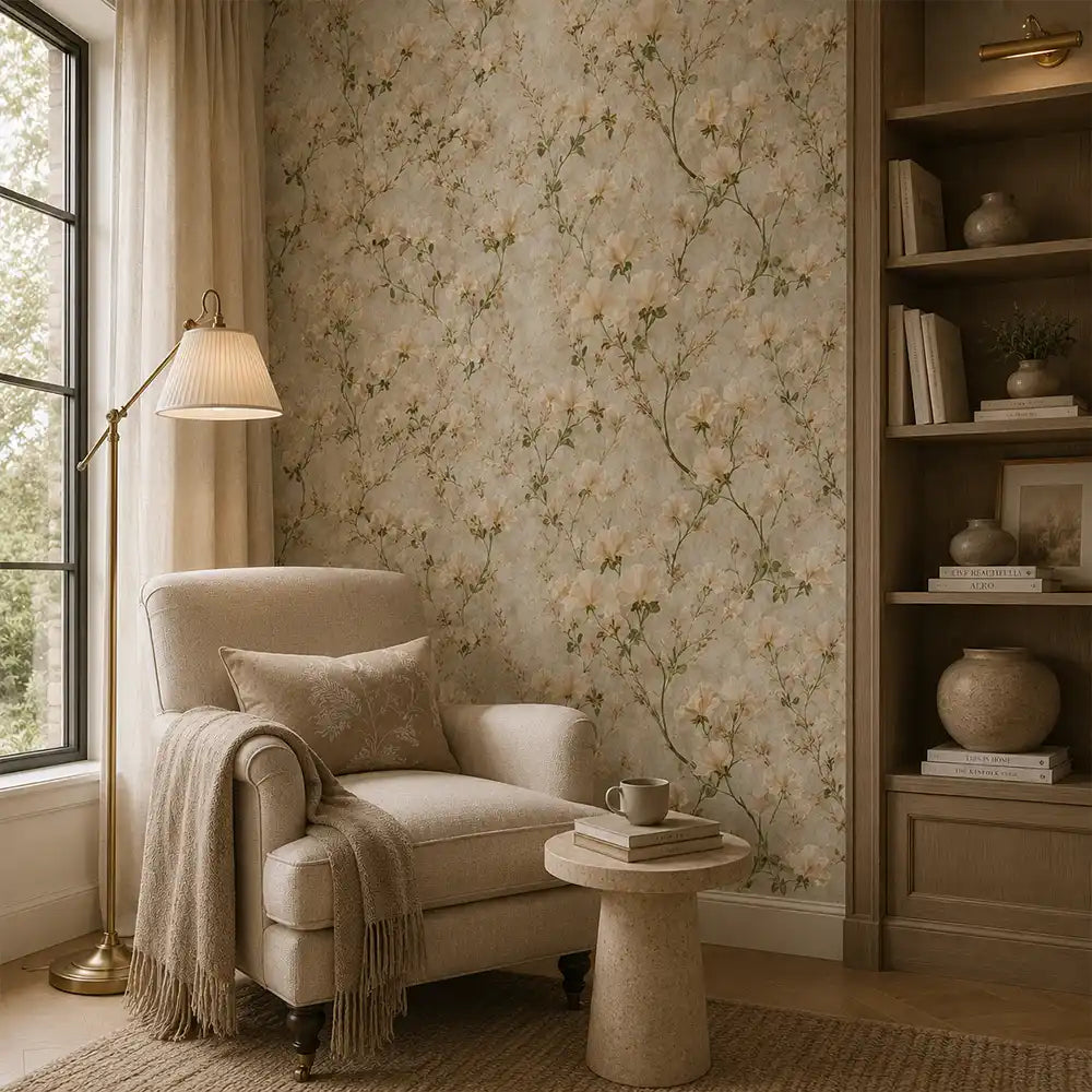 Pattern detail of ivory sweet pea garden wallpaper with trailing vine stems.