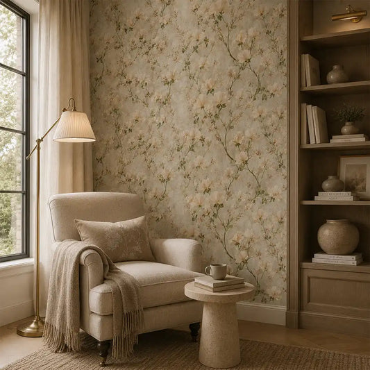 Pattern detail of ivory sweet pea garden wallpaper with trailing vine stems.
