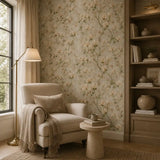 Pattern detail of ivory sweet pea garden wallpaper with trailing vine stems.