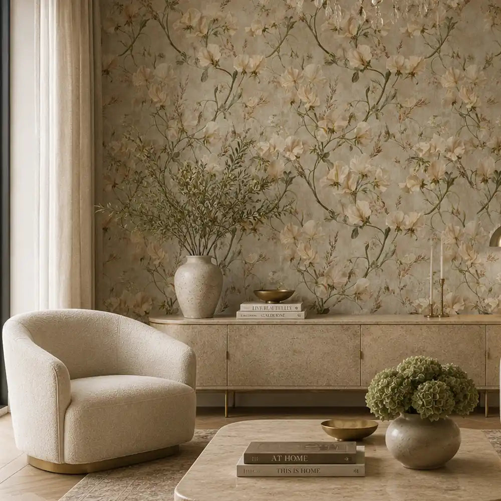 Roll sample of ivory sweet pea garden wallpaper showing full panel width.