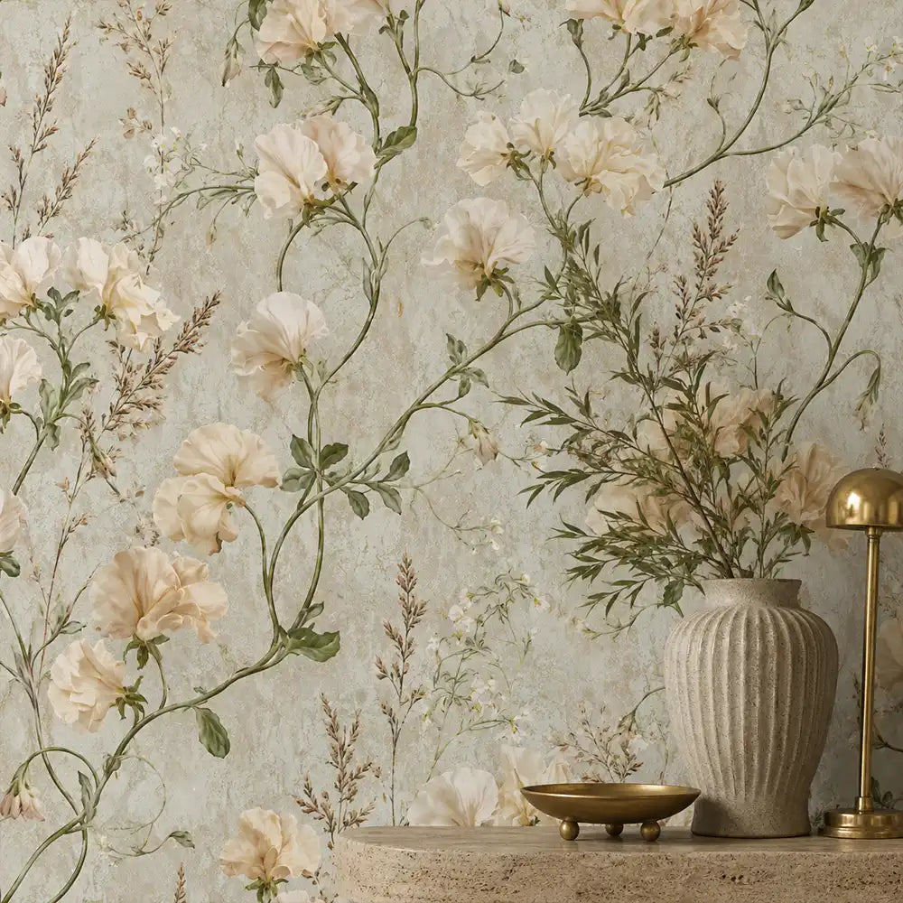 Texture close up of ivory sweet pea garden wallpaper in a soft matte finish.