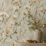 Texture close up of ivory sweet pea garden wallpaper in a soft matte finish.