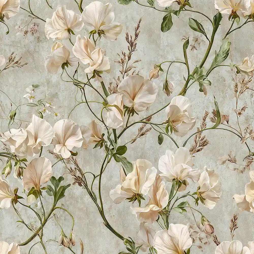 Ivory sweet pea garden wallpaper with climbing blooms for light interiors.