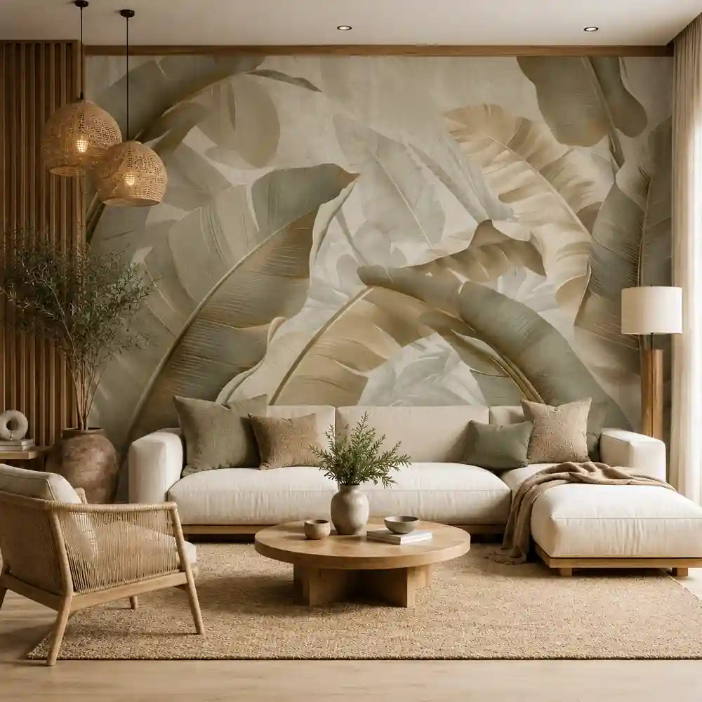 Ivory tropical mural side panel view with banana leaf and bird of paradise detail