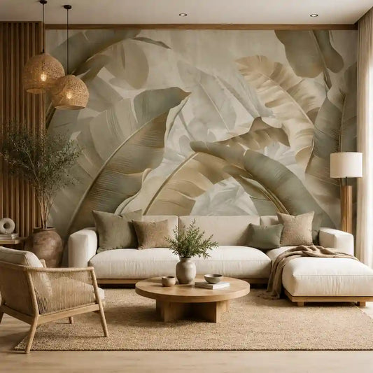 Ivory tropical mural side panel view with banana leaf and bird of paradise detail