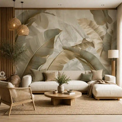 Ivory tropical mural side panel view with banana leaf and bird of paradise detail