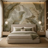 Calm tropical wall mural installed full bedroom wall, serene ivory and cream palette