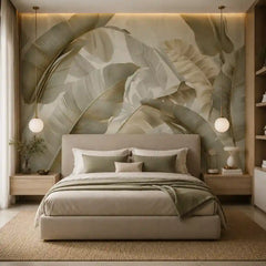Calm tropical wall mural installed full bedroom wall, serene ivory and cream palette