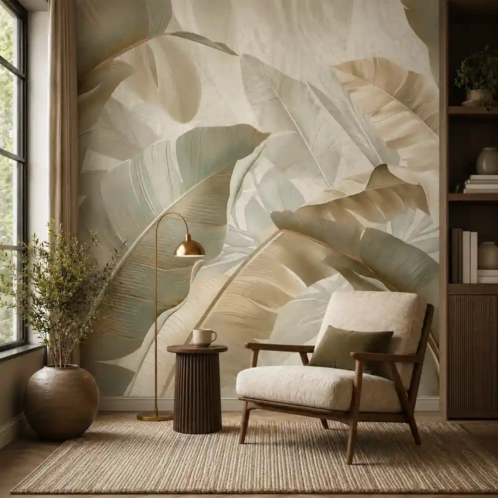 Tropical serenity mural in living room showing layered palm and monstera leaves