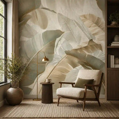 Tropical serenity mural in living room showing layered palm and monstera leaves