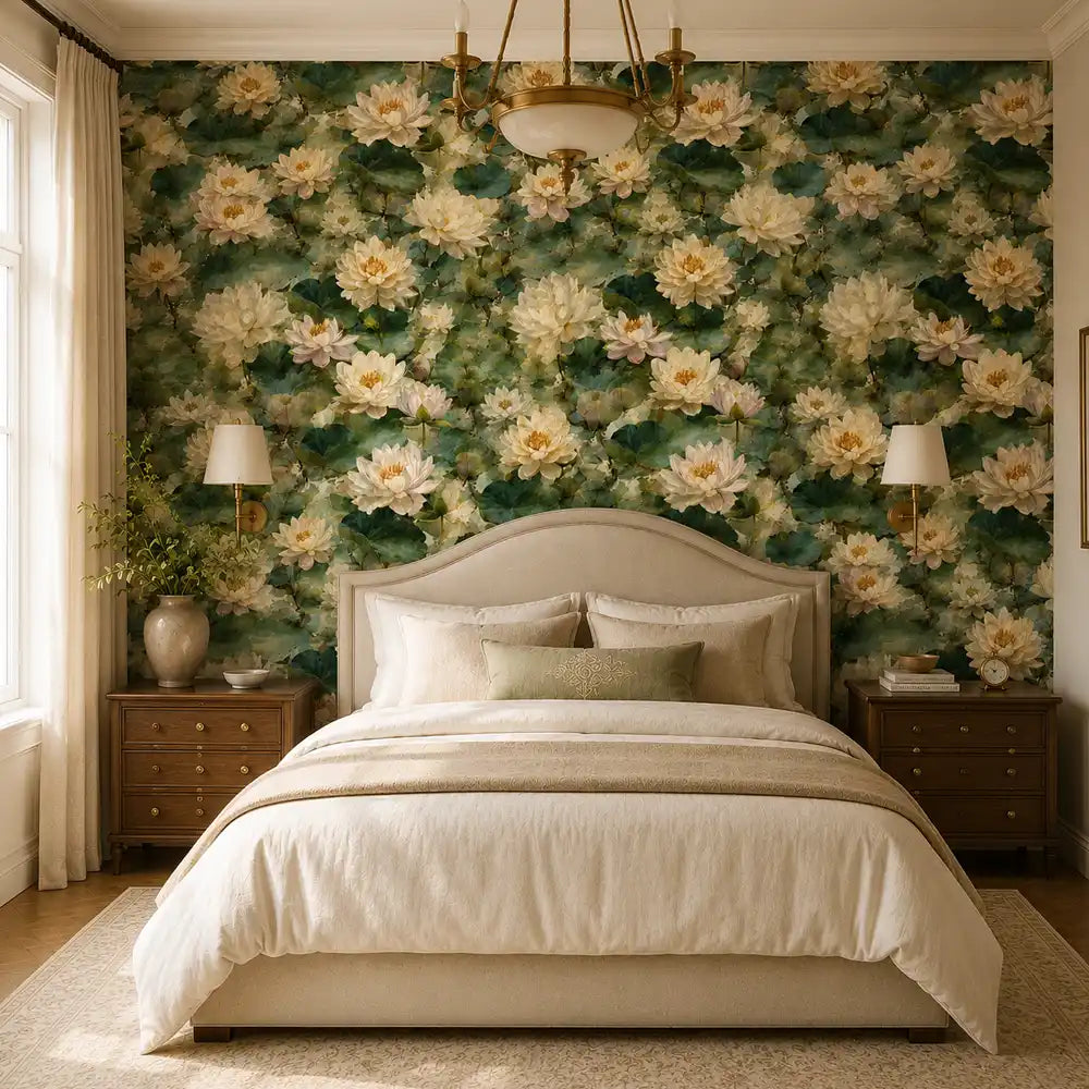 Ivory and soft green color palette of ivory water lily garden wallpaper.
