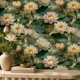 Full panel of ivory water lily garden wallpaper across a wide feature wall.