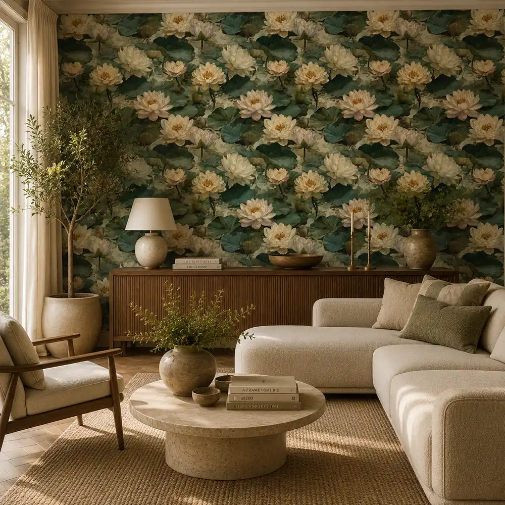 Pattern detail of ivory water lily garden wallpaper and its floating pads.