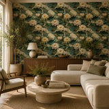 Pattern detail of ivory water lily garden wallpaper and its floating pads.
