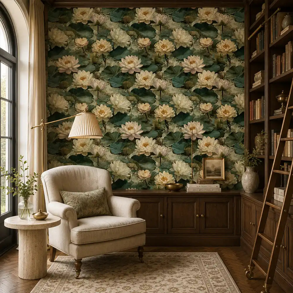 Texture close up of ivory water lily garden wallpaper with a matte surface.