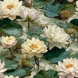 Ivory water lily garden wallpaper with pale blooms for a quiet interior wall.