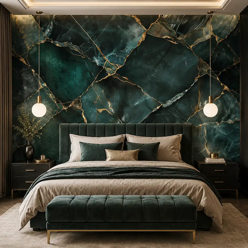 Green marble peel-and-stick wallpaper installed in bedroom, luxurious stone effect