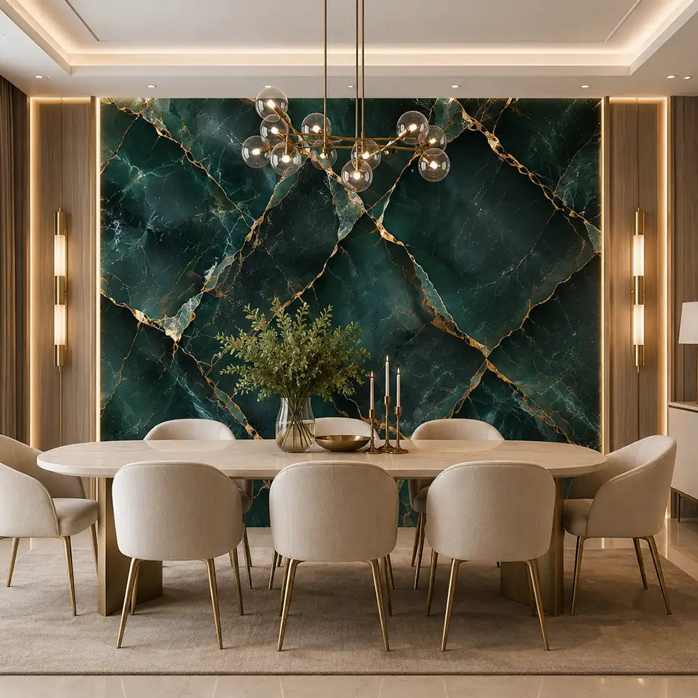 Jade marble removable wallpaper full wall view in living room, deep green luxury finish