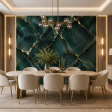 Jade marble removable wallpaper full wall view in living room, deep green luxury finish