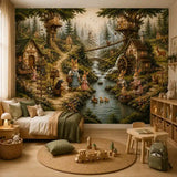 Kids room wall mural with woodland bunnies above a bed in sage green and cream decor