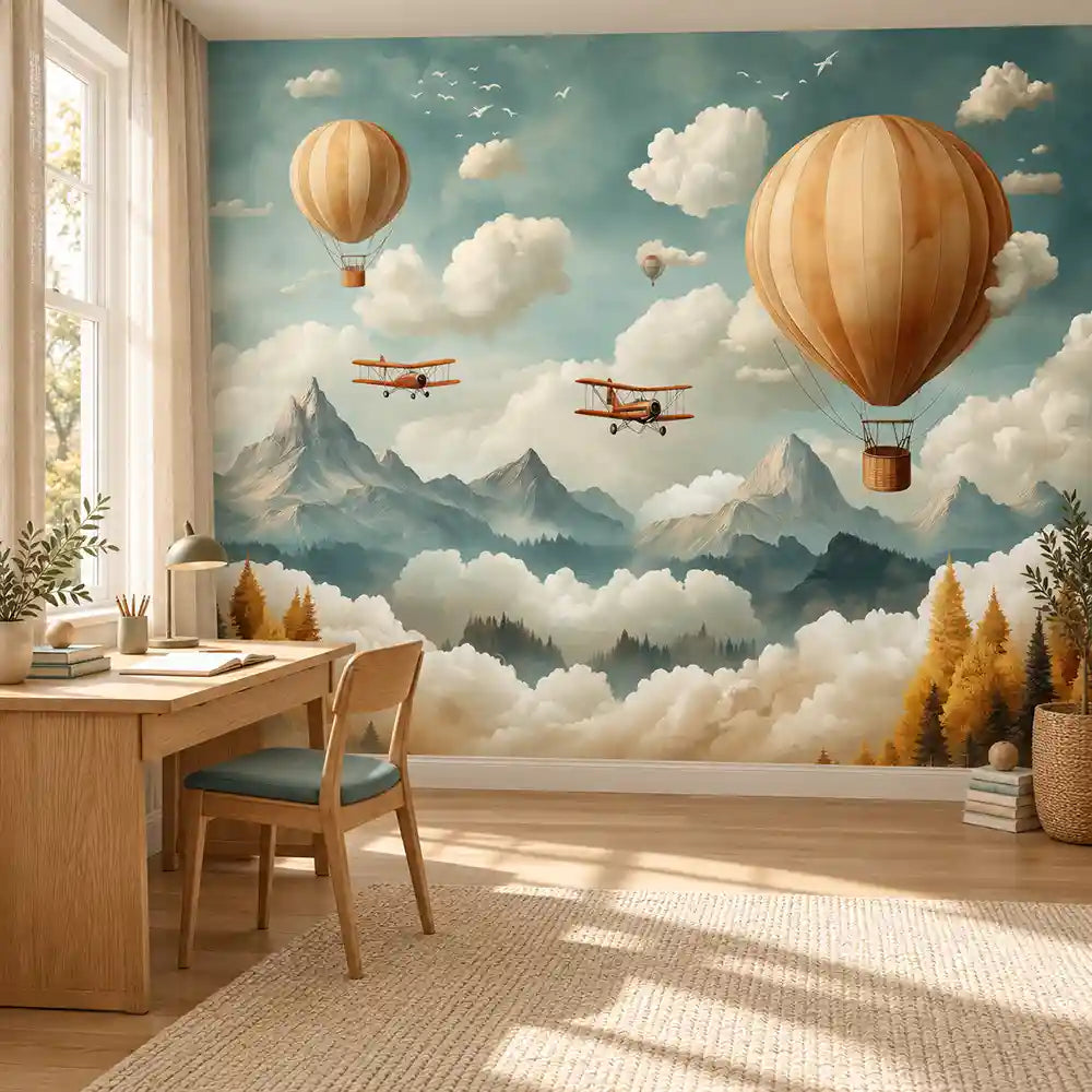 Kids study desk area with peel and stick airplanes and balloons mountain mural