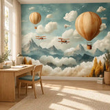 Kids study desk area with peel and stick airplanes and balloons mountain mural