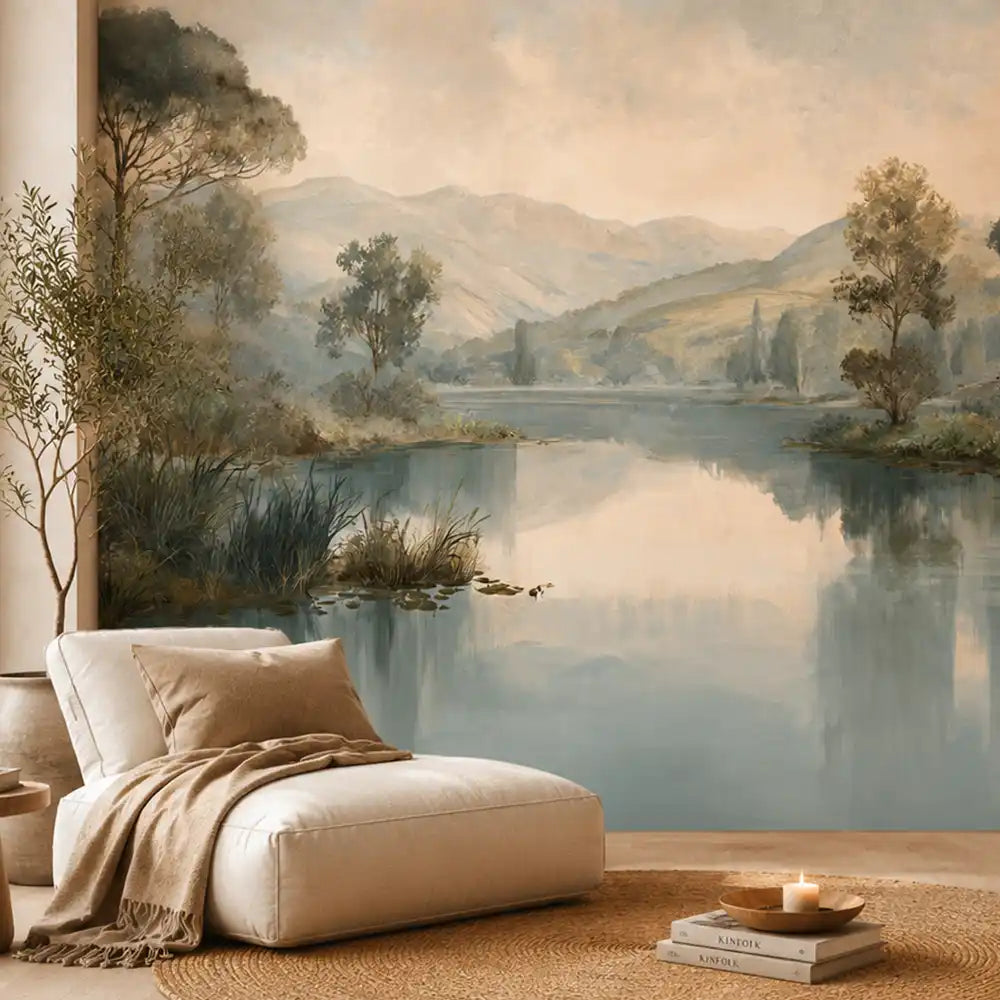 Soft lake and mountain mural close view beside a cream lounge chair and throw
