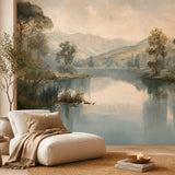 Soft lake and mountain mural close view beside a cream lounge chair and throw